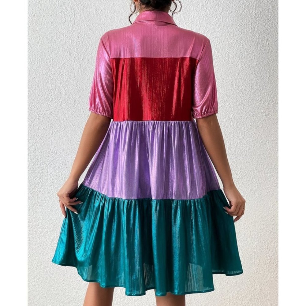 Multicolor Womens colorblock metallic button down shirt Dress - Picture 3 of 8